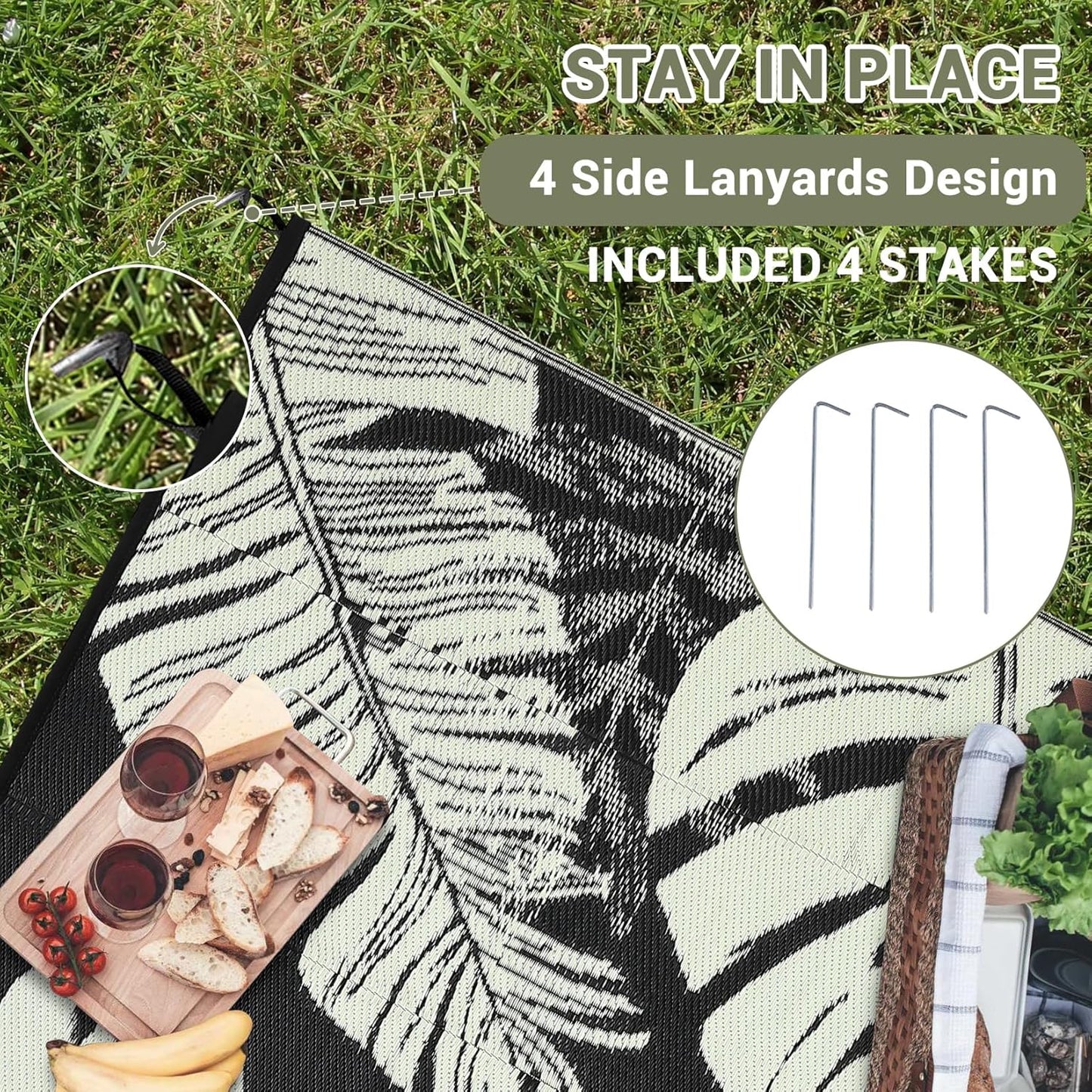 GAOMON Waterproof Plastic Straw Rug 9x12 Outdoor Rug for Patio, Reversible Modern Camping Mat with Bag & Stakes, UV Resistant & Easy to Clean Outdoor Carpet for RV, Deck, Balcony, Beige