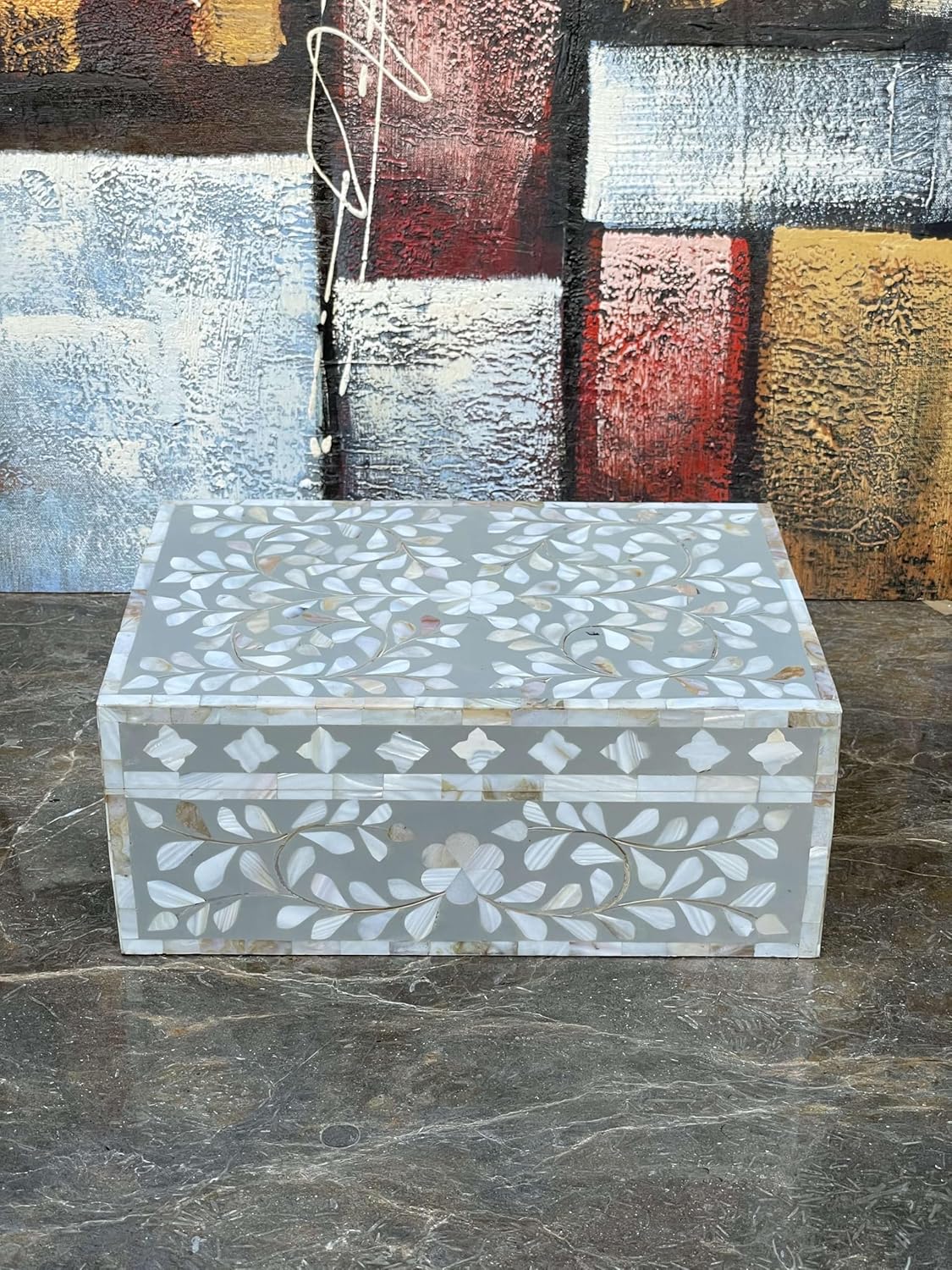 Decorative Wooden Storage Box with Mother of Pearl Inlay – Elegant Floral Design – Perfect for Home Décor in Living Room, Dining Area, or Bedroom (Grey, 9x6x3.5 inch)