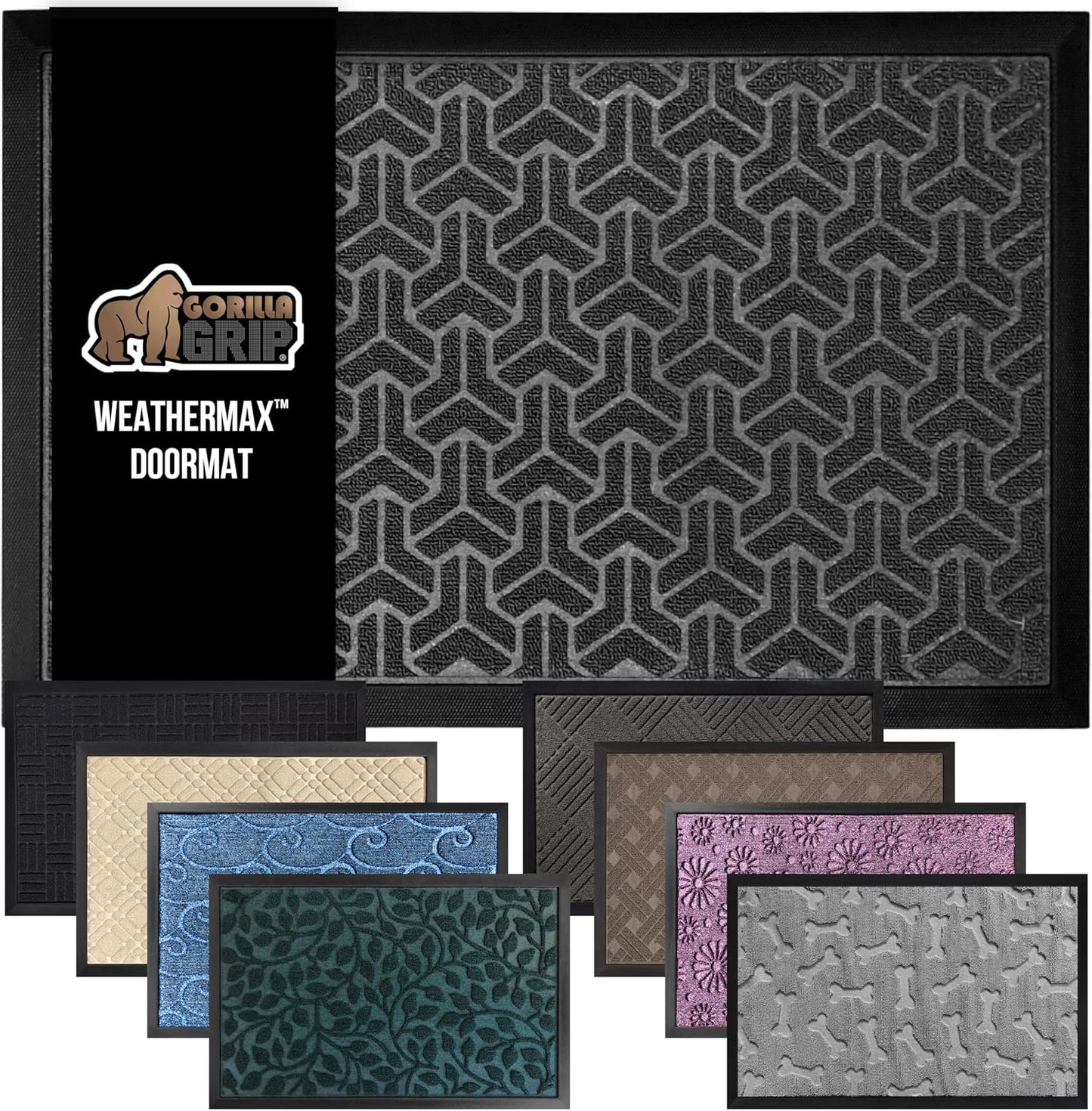 GORILLA GRIP 100% Waterproof All-Season WeatherMax Doormat 35x23, US Designed Natural Rubber, Stain and Fade Resistant, Low Profile Indoor Outdoor Door Mats, Easy Clean Patio Mat, Slate Geometric