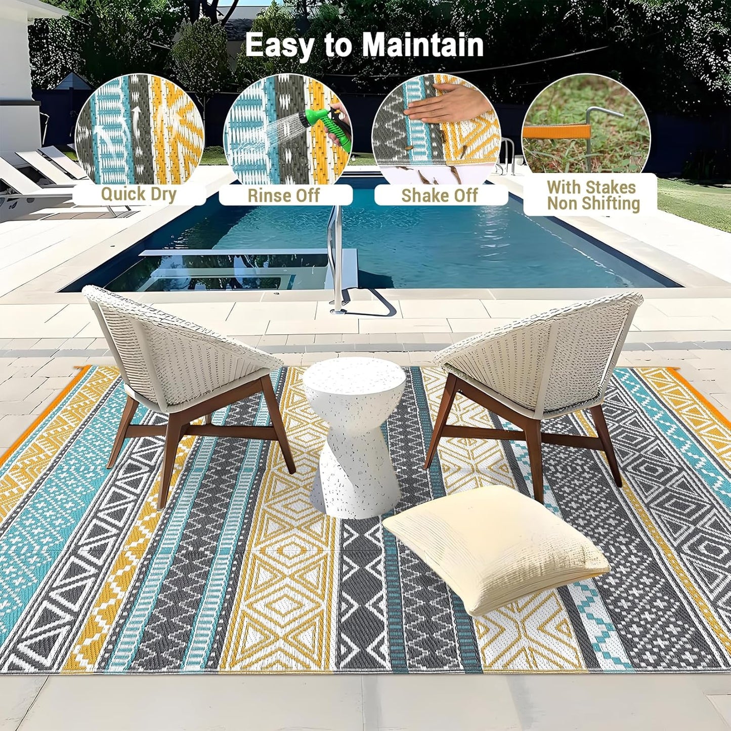 GAOMON Reversible Outdoor Rug 9'x18' Waterproof Plastic Straw Rug, Patio Rug, Large Modern Area Rug Carpet, Indoor Outdoor Rugs for Camping, Porch, Deck, Balcony, Backyard, Teal/Yellow(Bohemia)