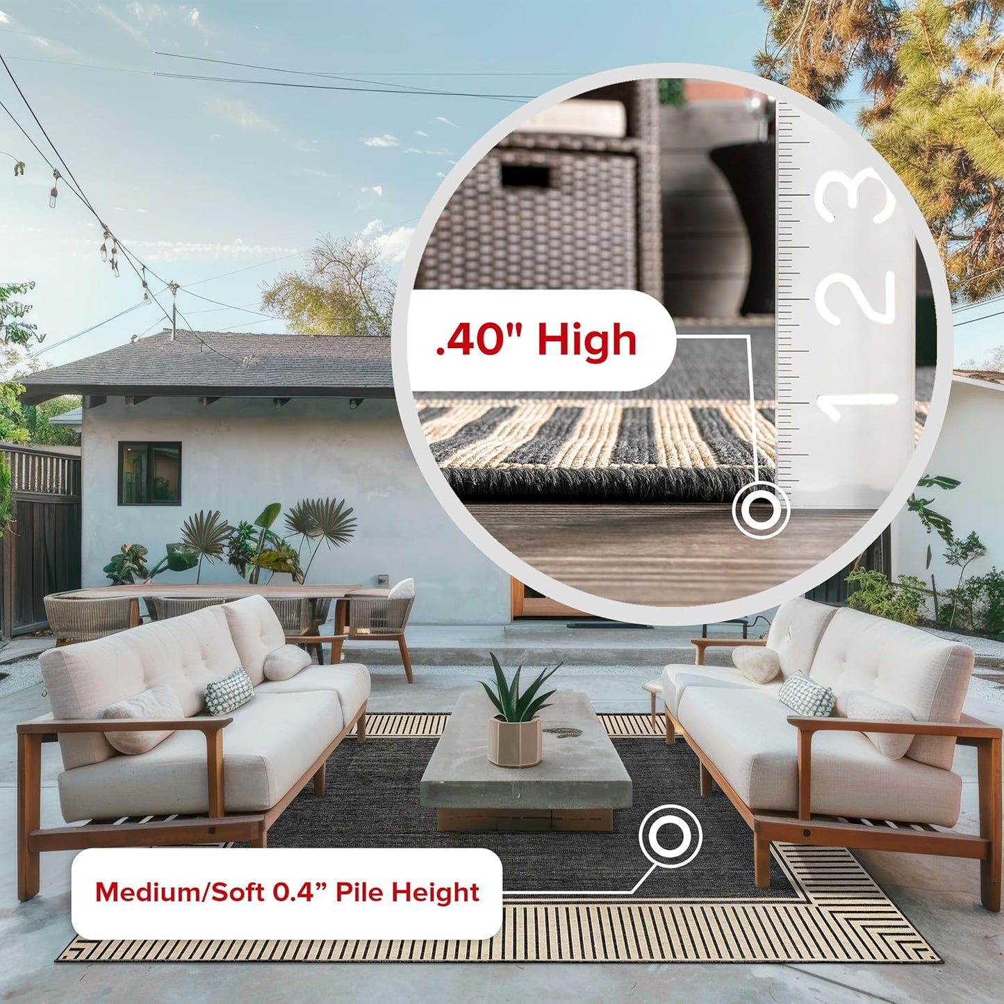 nuLOOM 8' x 10' Outdoor Area Rug, Casual Design With Striped Border, Stain Resistant, Highly Durable, For Patio, Balcony, Bedroom, Living Room, Dining Room, Bathroom, Dark Grey