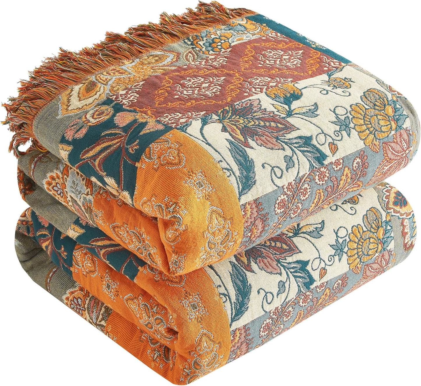 Boho Throw Blanket for Bed 60”x80”, 100% Cotton Woven Blanket for Couch Sofa, Ultra Soft 4-Layer Muslin Quilt with Patchwork Floral Printed, Farmhouse Bed Blanket/Cover for Living Room Decor