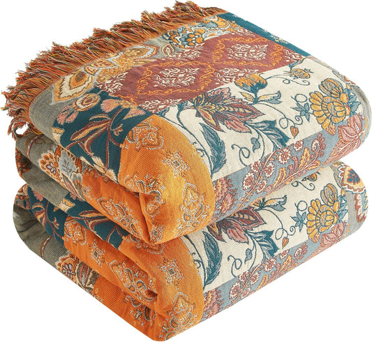 Boho Throw Blanket for Bed 60”x80”, 100% Cotton Woven Blanket for Couch Sofa, Ultra Soft 4-Layer Muslin Quilt with Patchwork Floral Printed, Farmhouse Bed Blanket/Cover for Living Room Decor