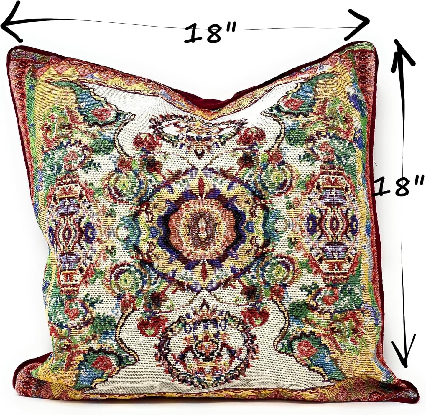 Tache Cushion Cover 18x18 Rococo Elegant Ornate Ivory Colorful Paisley Cotton Linen Tapestry Woven Decorative Throw Pillow Cover, 1 Piece