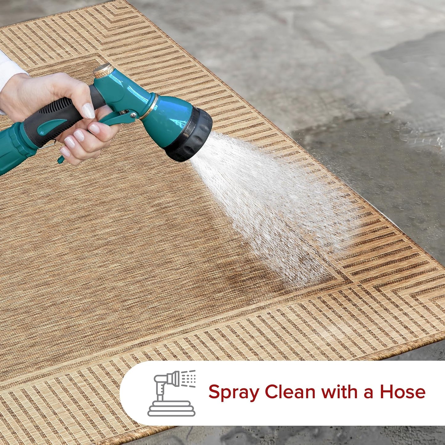 nuLOOM 6' 7" x 9' Outdoor Area Rug, Casual Design With Striped Border, Stain Resistant, Highly Durable, For Patio, Balcony, Bedroom, Living Room, Dining Room, Bathroom, Light Brown