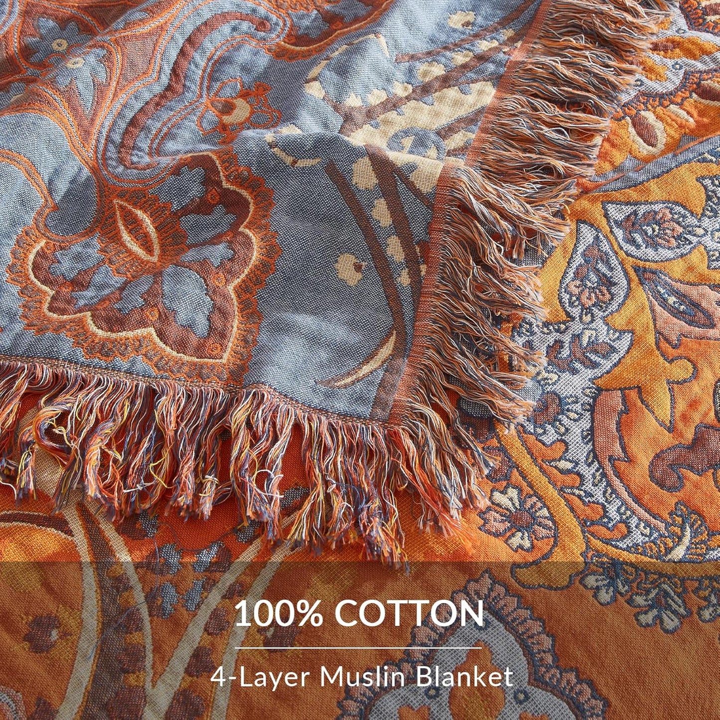 Boho Throw Blanket for Couch Sofa Bed, 100% Cotton Woven Quilt with Tassel 60”x80”, Super Soft Muslin Blanket with Oriental Universe Printed, Decorative Reversible Bed Blanket/Cover for All Seasons