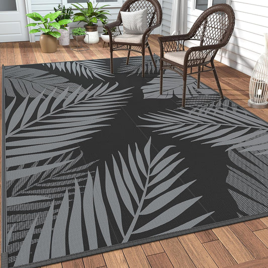 GENIMO Outdoor Rug 5' x 8' Waterproof for Patios Clearance, Reversible Outdoor Plastic Straw Camping Rug Carpet, Large Area Rugs Mats for RV, Picnic, Backyard, Deck, Balcony, Porch, Beach, Black&Grey
