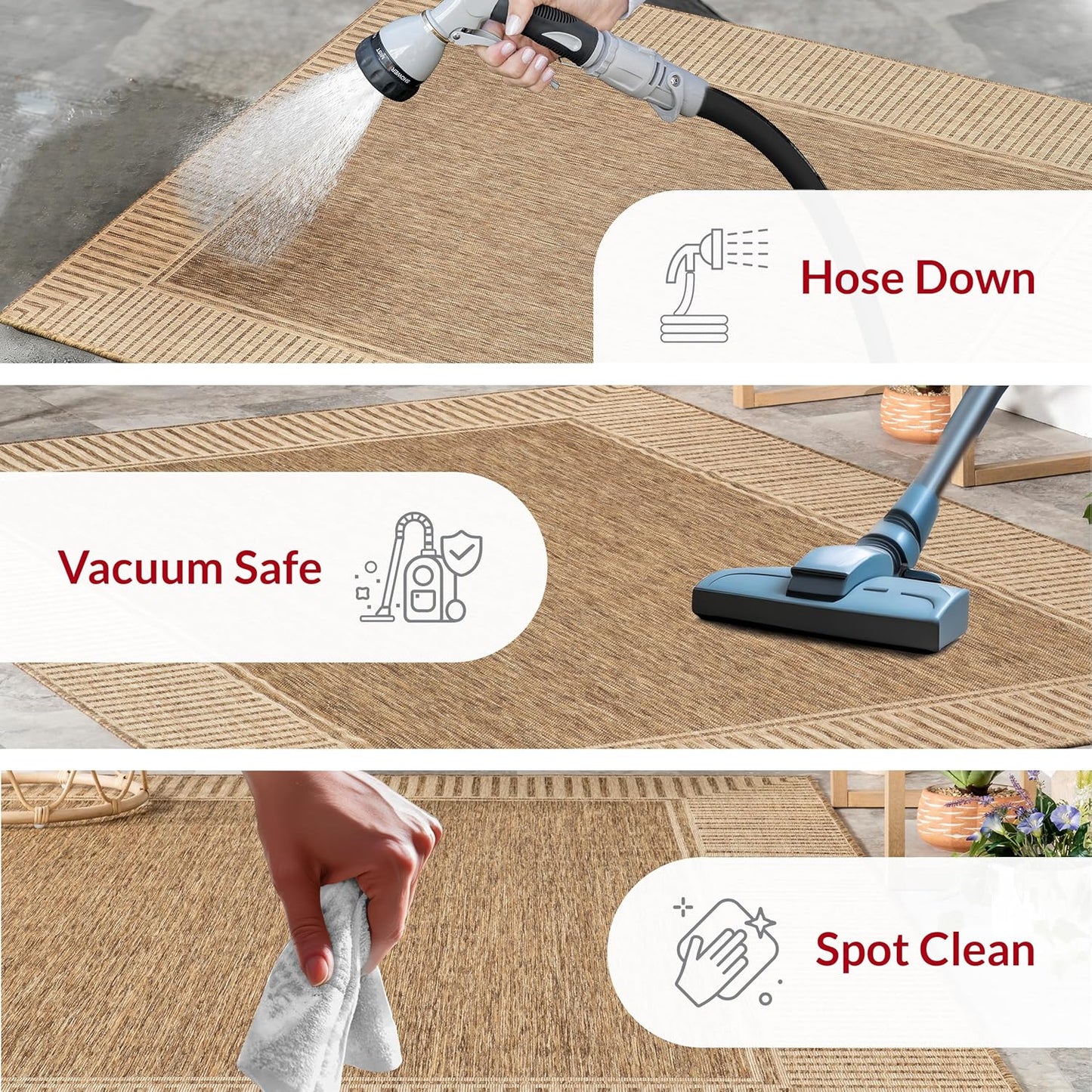 nuLOOM 6'7" Round Outdoor Area Rug, Casual Design With Striped Border, Stain Resistant, Highly Durable, For Patio, Balcony, Bedroom, Living Room, Dining Room, Bathroom, Light Brown