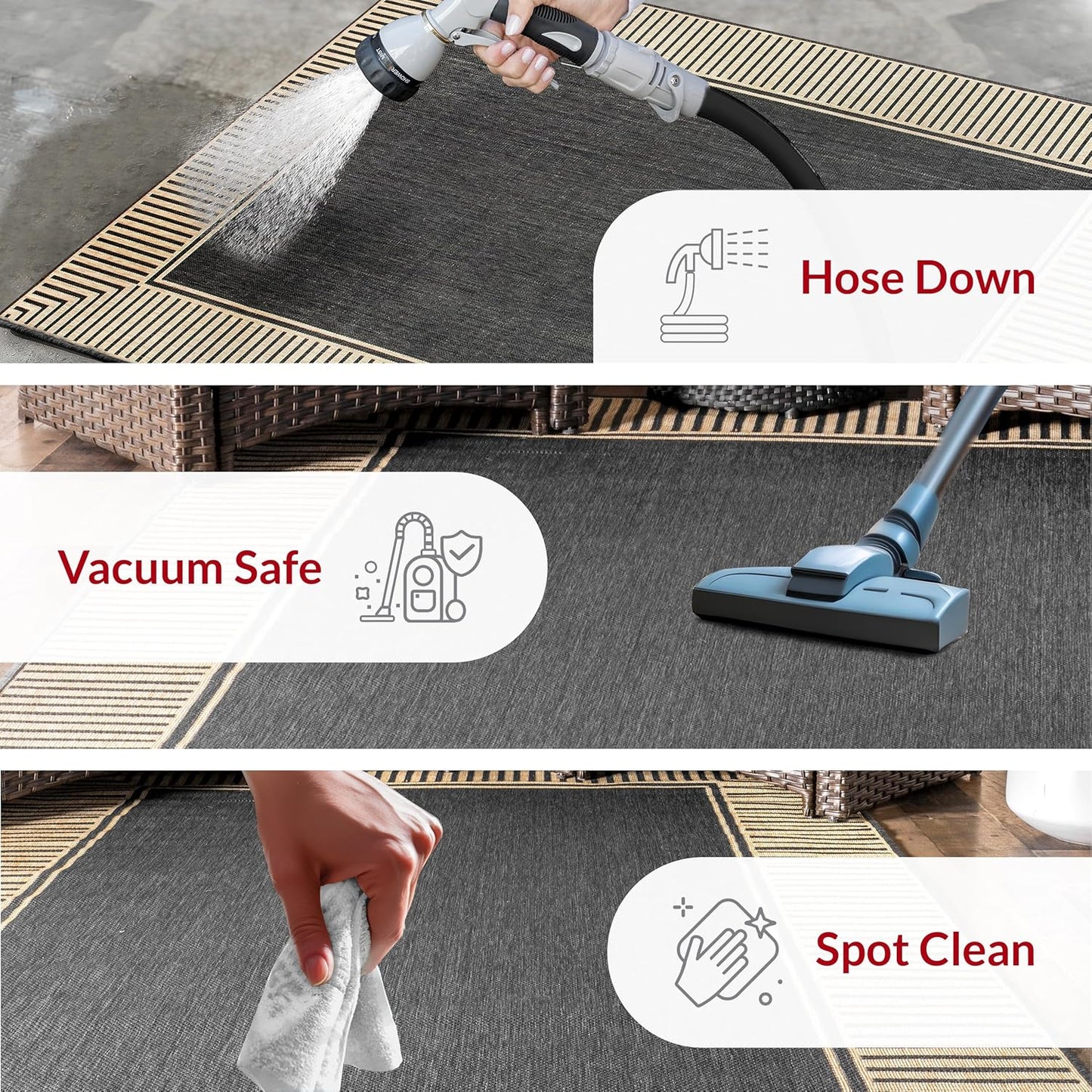 nuLOOM 4' x 6' Outdoor Area Rug, Casual Design With Striped Border, Stain Resistant, Highly Durable, For Patio, Balcony, Bedroom, Living Room, Dining Room, Bathroom, Dark Grey