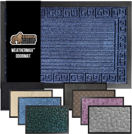 GORILLA GRIP 100% Waterproof All-Season WeatherMax Doormat, US Designed Natural Rubber, Stain and Fade Resistant, Low Profile Indoor Outdoor Door Mats, Easy Clean Patio Mat, 17x29, Navy Greek Keys
