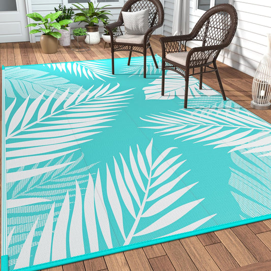 GENIMO Outdoor Rug 9' x 12' Waterproof for Patios Clearance, Reversible Outdoor Plastic Straw Camping Rug Carpet, Large Area Rugs Mats for RV, Camper, Deck, Balcony, Porch, Beach, Aqua Blue&White