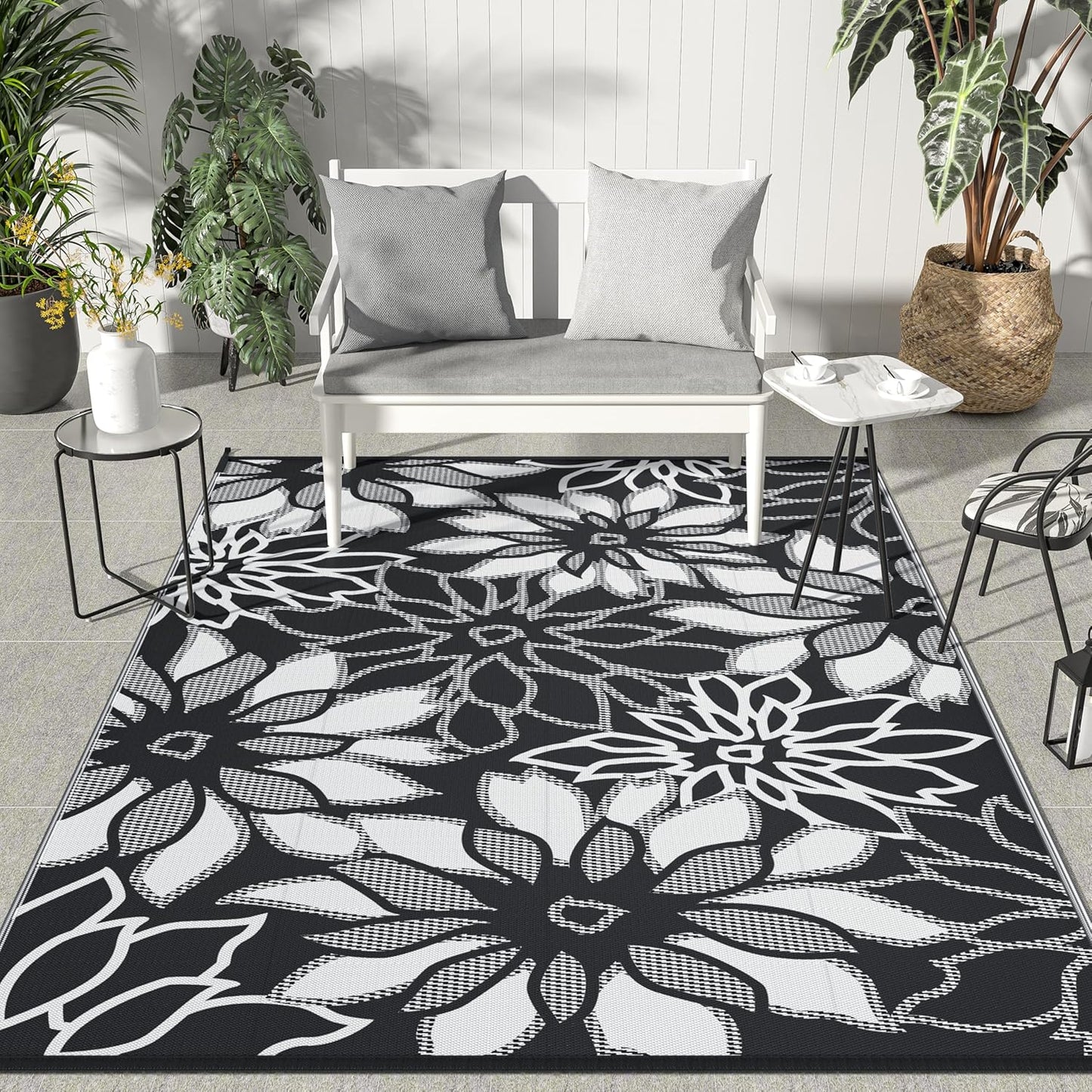 GENIMO Outdoor Rug Waterproof for Patio Decor, 8' x 10' Reversible Plastic Straw Floral Camping Carpet, Large Area Rugs Mats for RV, Camper, Deck, Balcony, Porch, Beach, Picnic, Black & White