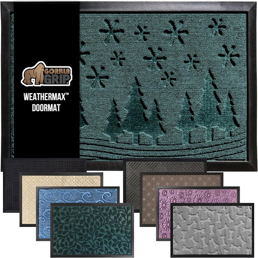 GORILLA GRIP 100% Waterproof All-Season WeatherMax Doormat 35x23, US Designed Natural Rubber, Stain and Fade Resistant, Low Profile Indoor Outdoor Door Mats, Easy Clean Patio Mat, Green Snowscape